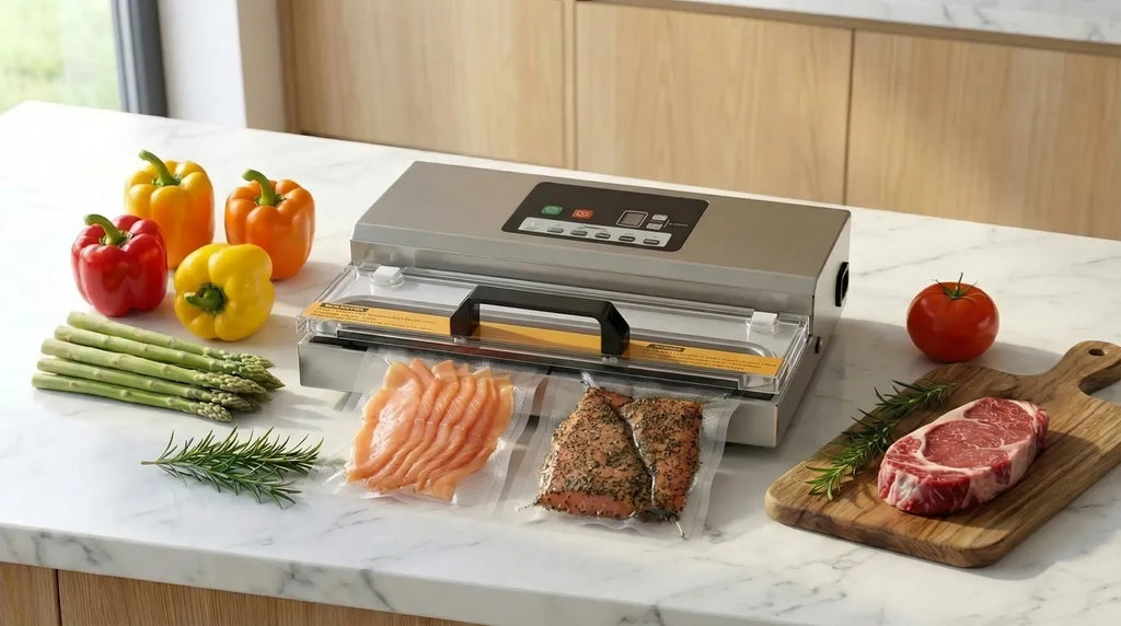 Máquina de vacío con trucha ahumada y salmón ahumado en el interior