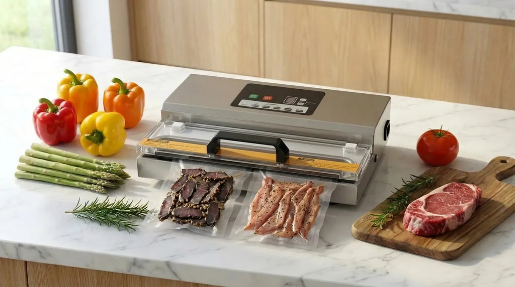Máquina de vacío envasando carne seca al vacío