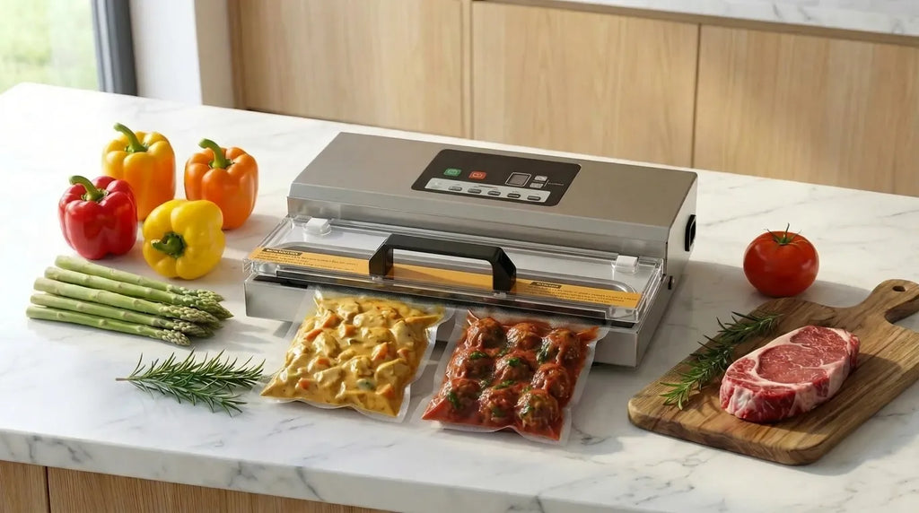 máquina de vacío envasando un plato con salsa al vacío