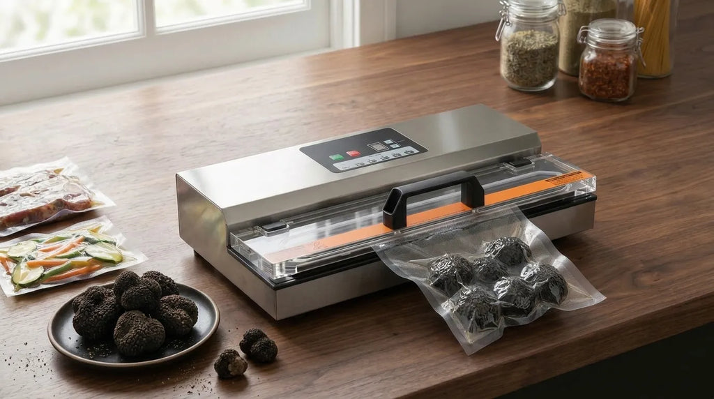 Máquina de vacío envasando trufas al vacío