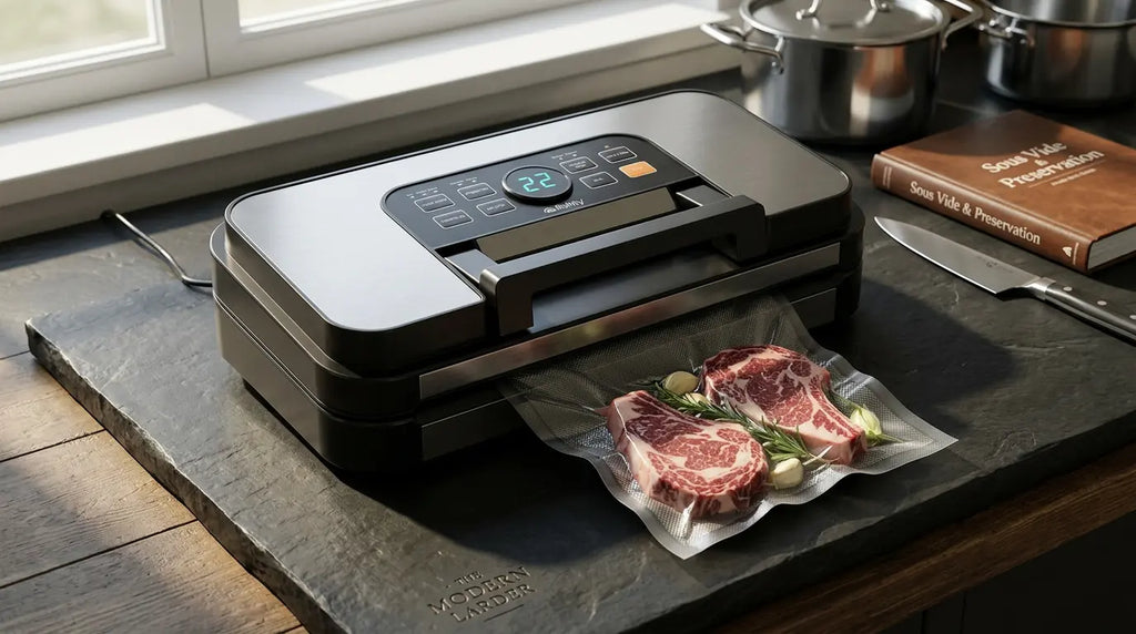 Máquina de vacío de doble sellado envasando carne al vacío