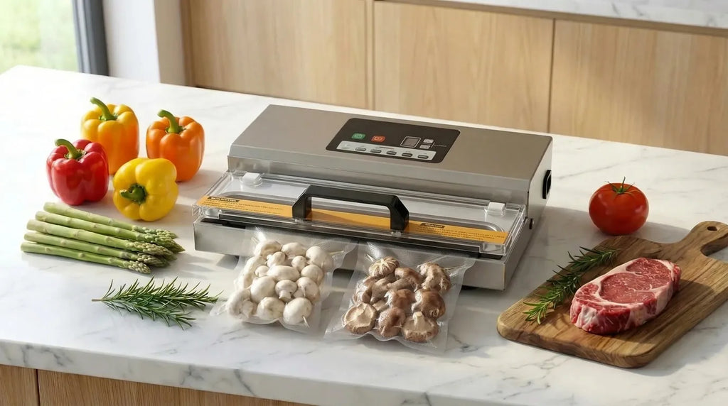 Máquina de vacío envasando champiñones frescos al vacío