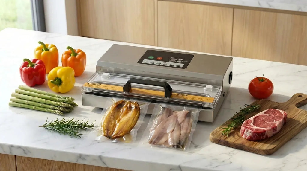 Máquina de vacío envasando arenque ahumado al vacío