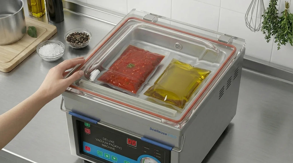 Máquina de vacío envasando líquido al vacío