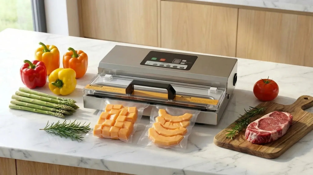 Máquina de vacío envasando melón al vacío